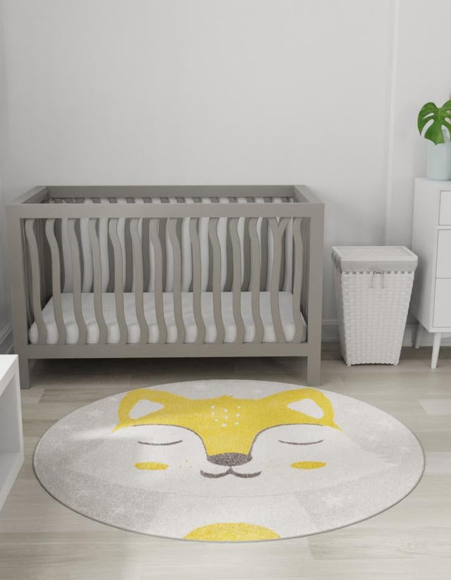Gray 5' 3 x 5' 3 Whimsy Kids Round Area Rug for Baby Nursery, Toddler Playroom, Bedrooms Playful Fun Design Easy Clean Carpet for Sale at Rug Engine