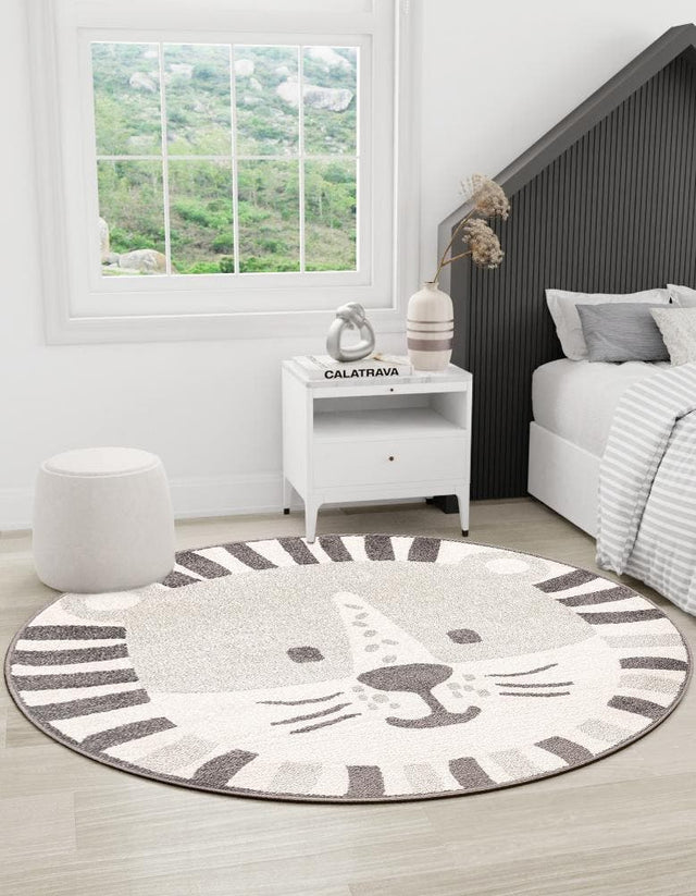Gray 7' 10 x 7' 10 Whimsy Kids Round Area Rug for Baby Nursery, Toddler Playroom, Bedrooms