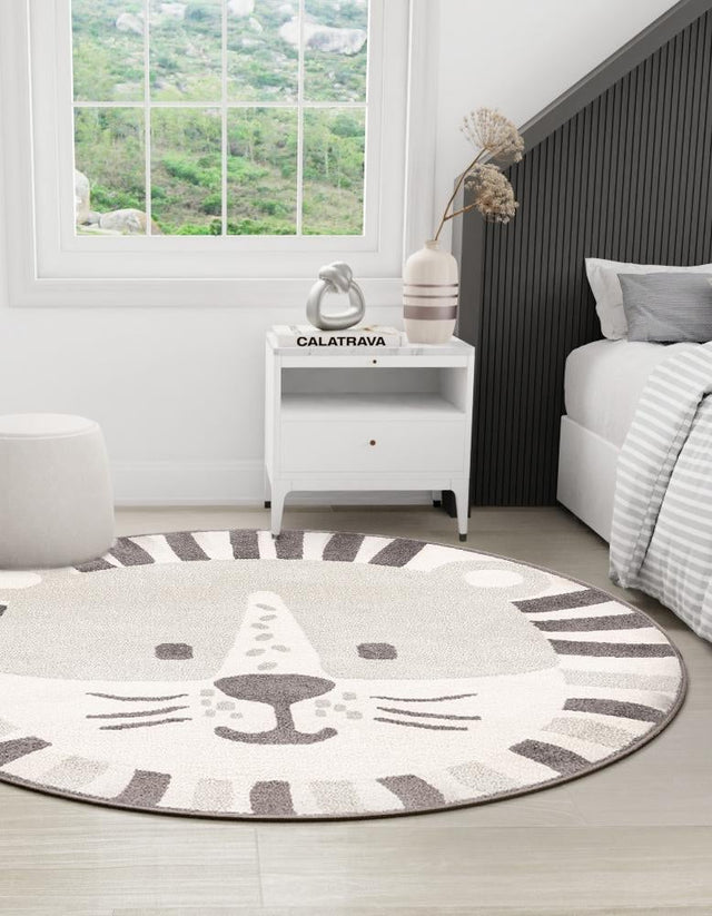 Gray 7' 10 x 7' 10 Whimsy Kids Round Area Rug for Baby Nursery, Toddler Playroom, Bedrooms