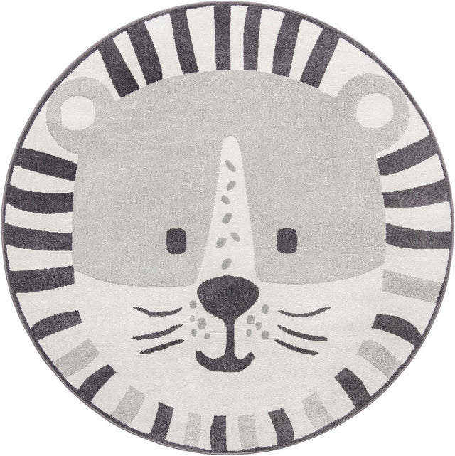 Gray 7' 10 x 7' 10 Whimsy Kids Round Area Rug for Baby Nursery, Toddler Playroom, Bedrooms