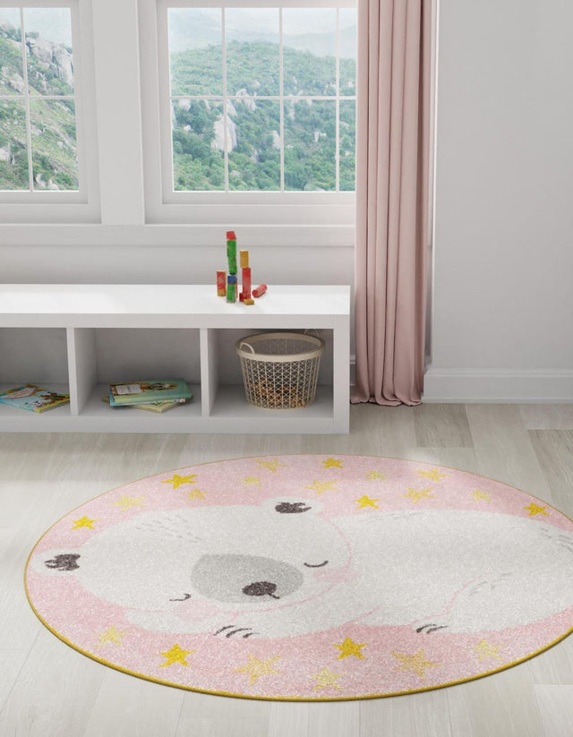 Pink 5' 3 x 5' 3 Whimsy Kids Round Area Rug for Baby Nursery, Toddler Playroom, Bedrooms Playful Fun Design Easy Clean Carpet for Sale at Rug Engine