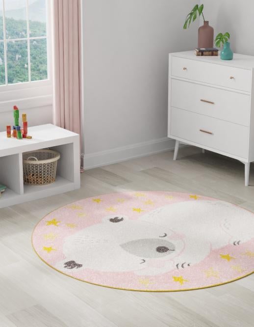 Pink 3' 3 x 3' 3 Whimsy Kids Round Area Rug for Baby Nursery, Toddler Playroom, Bedrooms