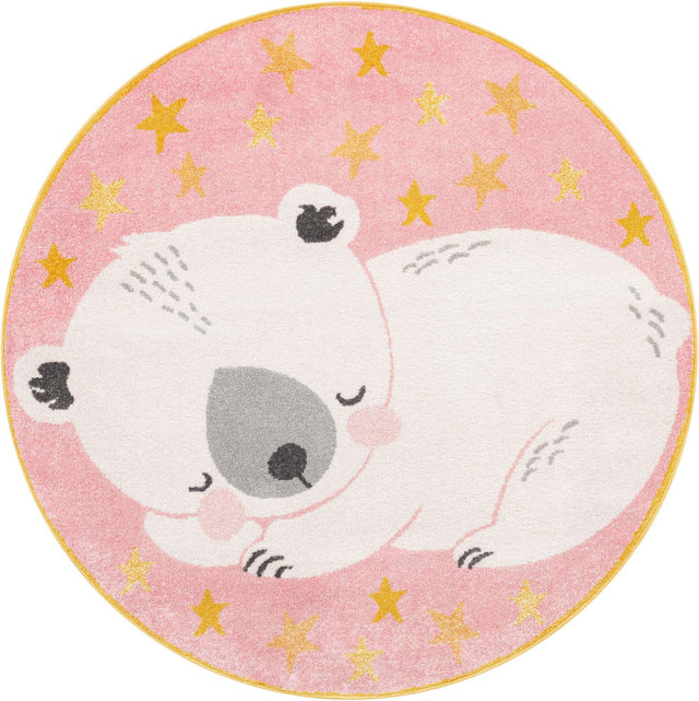 Pink 5' 3 x 5' 3 Whimsy Kids Round Area Rug for Baby Nursery, Toddler Playroom, Bedrooms Playful Fun Design Easy Clean Carpet for Sale at Rug Engine
