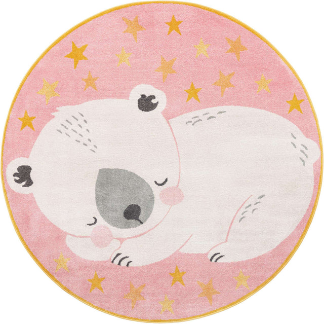 Pink 7' 10 x 7' 10 Whimsy Kids Round Area Rug for Baby Nursery, Toddler Playroom, Bedrooms Playful Fun Design Easy Clean Carpet for Sale at Rug Engine