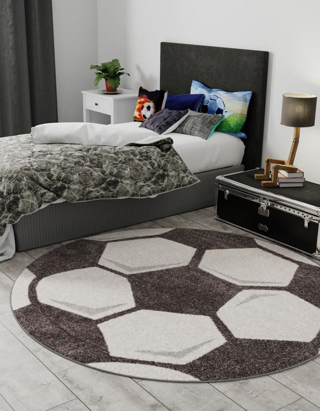 Black and White 4' 1 x 4' 1 Whimsy Kids Round Area Rug for Baby Nursery, Toddler Playroom, Bedrooms Playful Fun Design Easy Clean Carpet for Sale at Rug Engine