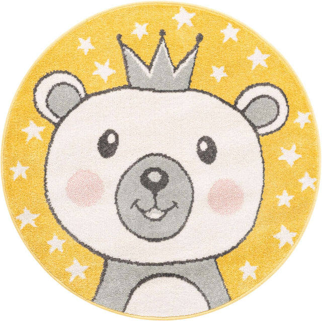 Yellow 3' 3 x 3' 3 Whimsy Kids Round Area Rug for Baby Nursery, Toddler Playroom, Bedrooms Playful Fun Design Easy Clean Carpet for Sale at Rug Engine