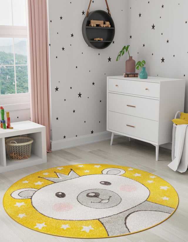 Yellow 5' 3 x 5' 3 Whimsy Kids Round Area Rug for Baby Nursery, Toddler Playroom, Bedrooms Playful Fun Design Easy Clean Carpet for Sale at Rug Engine