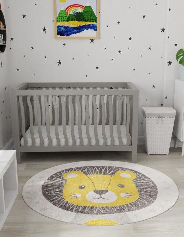 Ivory 5' 3 x 5' 3 Whimsy Kids Round Area Rug for Baby Nursery, Toddler Playroom, Bedrooms