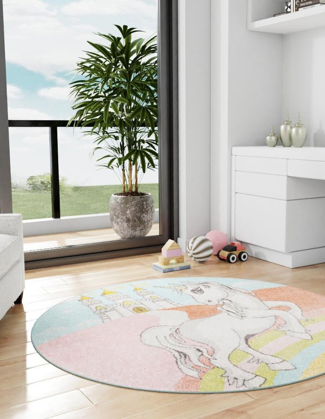 Multicolor 5' 3 x 5' 3 Whimsy Kids Round Area Rug for Baby Nursery, Toddler Playroom, Bedrooms Playful Fun Design Easy Clean Carpet for Sale at Rug Engine