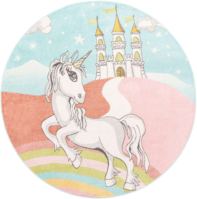 Multicolor 7' 10 x 7' 10 Whimsy Kids Round Area Rug for Baby Nursery, Toddler Playroom, Bedrooms Playful Fun Design Easy Clean Carpet for Sale at Rug Engine