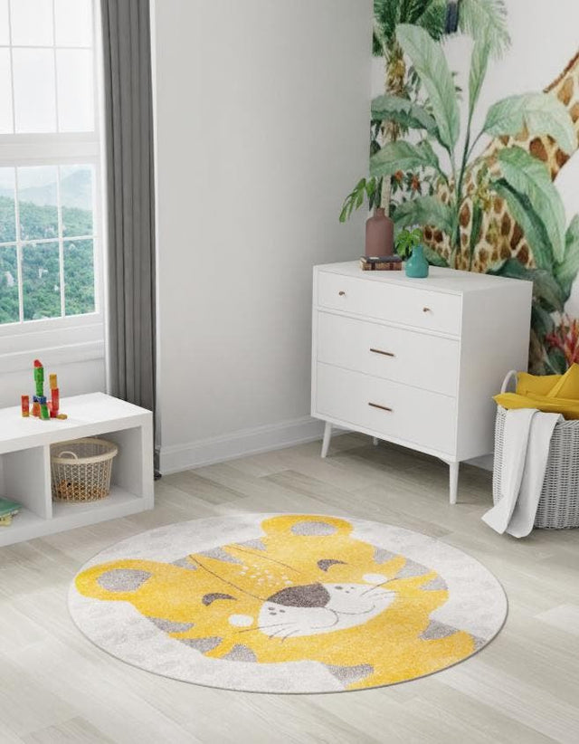 Gray 5' 3 x 5' 3 Whimsy Kids Round Area Rug for Baby Nursery, Toddler Playroom, Bedrooms Playful Fun Design Easy Clean Carpet for Sale at Rug Engine