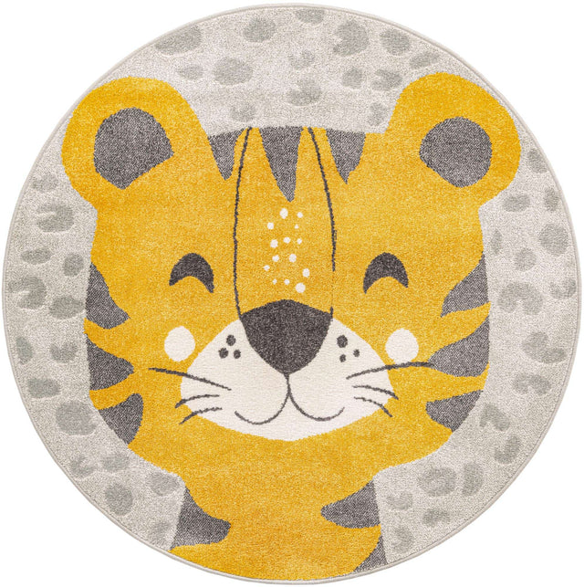 Gray 5' 3 x 5' 3 Whimsy Kids Round Area Rug for Baby Nursery, Toddler Playroom, Bedrooms Playful Fun Design Easy Clean Carpet for Sale at Rug Engine