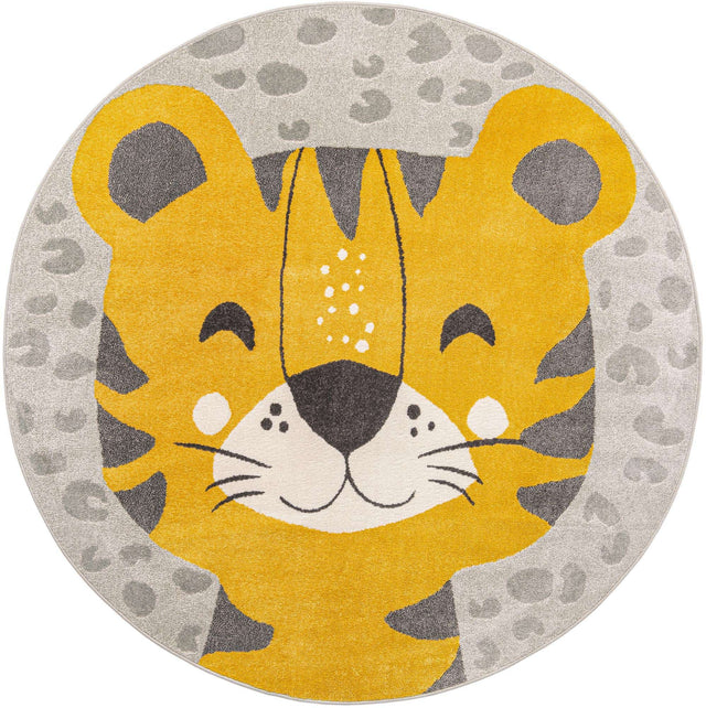 Gray 7' 10 x 7' 10 Whimsy Kids Round Area Rug for Baby Nursery, Toddler Playroom, Bedrooms Playful Fun Design Easy Clean Carpet for Sale at Rug Engine