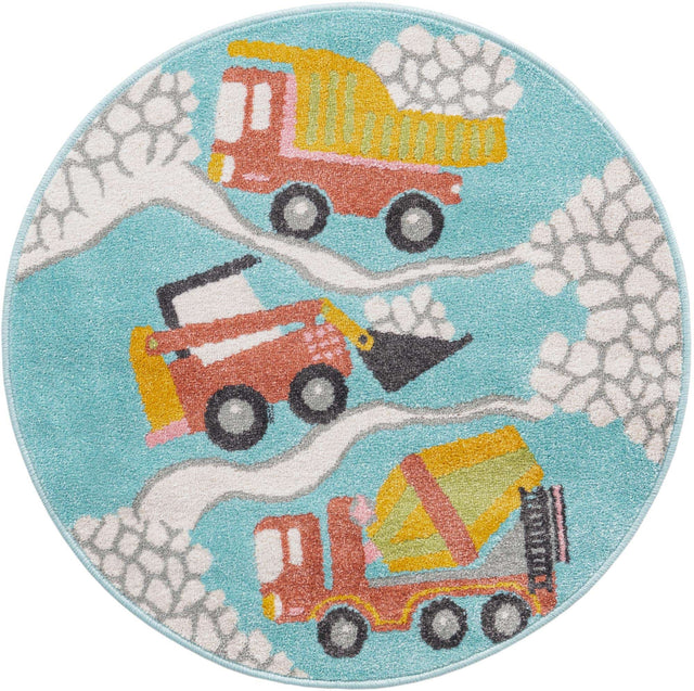 Teal 3' 3 x 3' 3 Whimsy Kids Round Area Rug for Baby Nursery, Toddler Playroom, Bedrooms