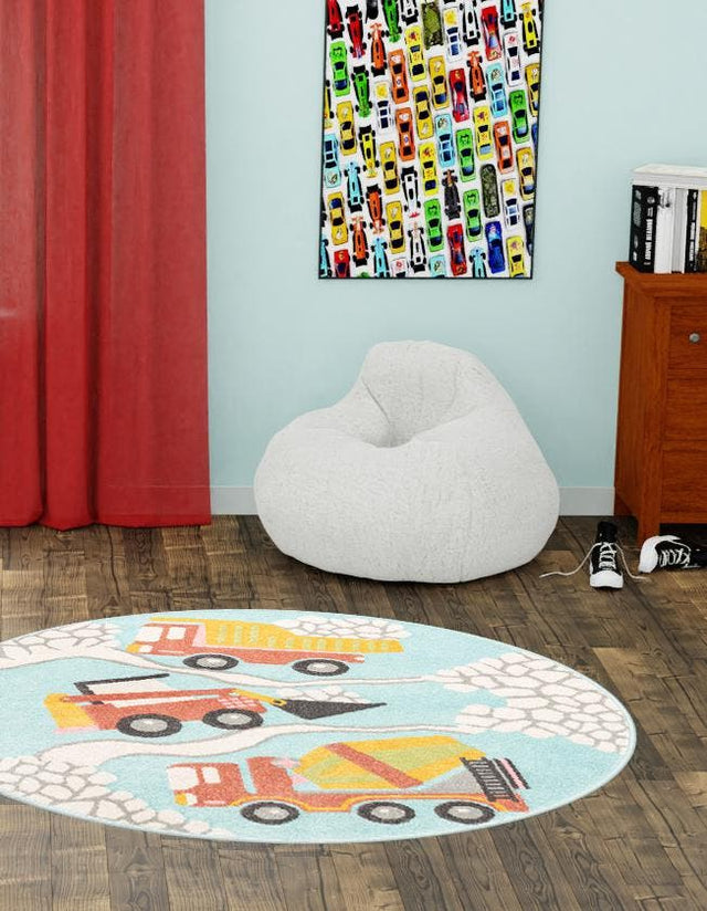 Teal 7' 10 x 7' 10 Whimsy Kids Round Area Rug for Baby Nursery, Toddler Playroom, Bedrooms
