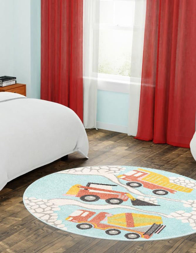 Teal 3' 3 x 3' 3 Whimsy Kids Round Area Rug for Baby Nursery, Toddler Playroom, Bedrooms