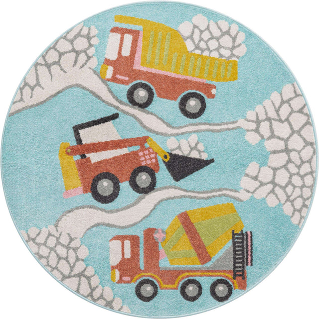 Teal 5' 3 x 5' 3 Whimsy Kids Round Area Rug for Baby Nursery, Toddler Playroom, Bedrooms Playful Fun Design Easy Clean Carpet for Sale at Rug Engine