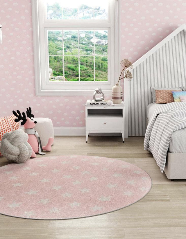 Pink 5' 3 x 5' 3 Whimsy Kids Round Area Rug for Baby Nursery, Toddler Playroom, Bedrooms Playful Fun Design Easy Clean Carpet for Sale at Rug Engine