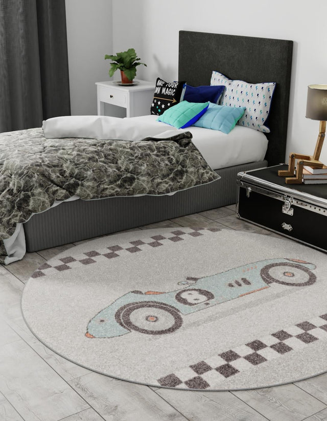 Gray 7' 10 x 7' 10 Whimsy Kids Round Area Rug for Baby Nursery, Toddler Playroom, Bedrooms Playful Fun Design Easy Clean Carpet for Sale at Rug Engine