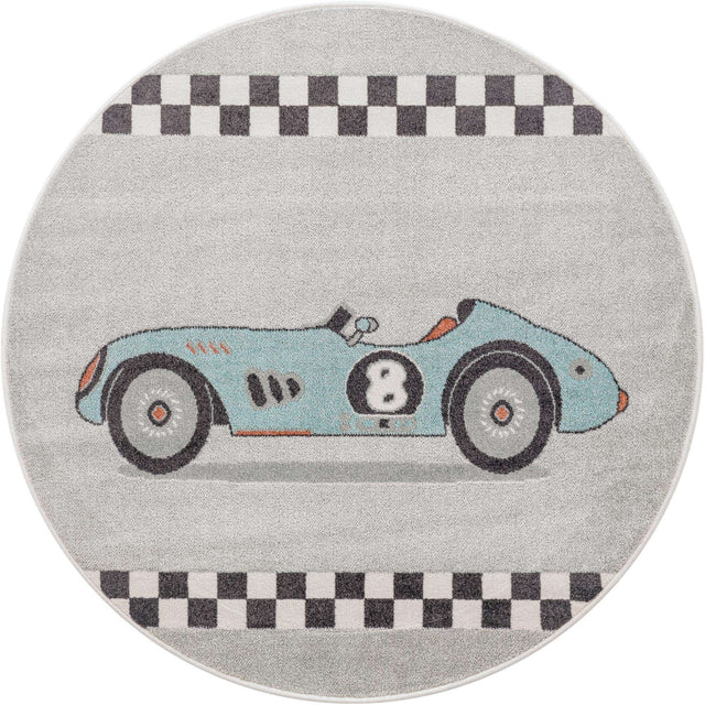 Gray 5' 3 x 5' 3 Whimsy Kids Round Area Rug for Baby Nursery, Toddler Playroom, Bedrooms Playful Fun Design Easy Clean Carpet for Sale at Rug Engine