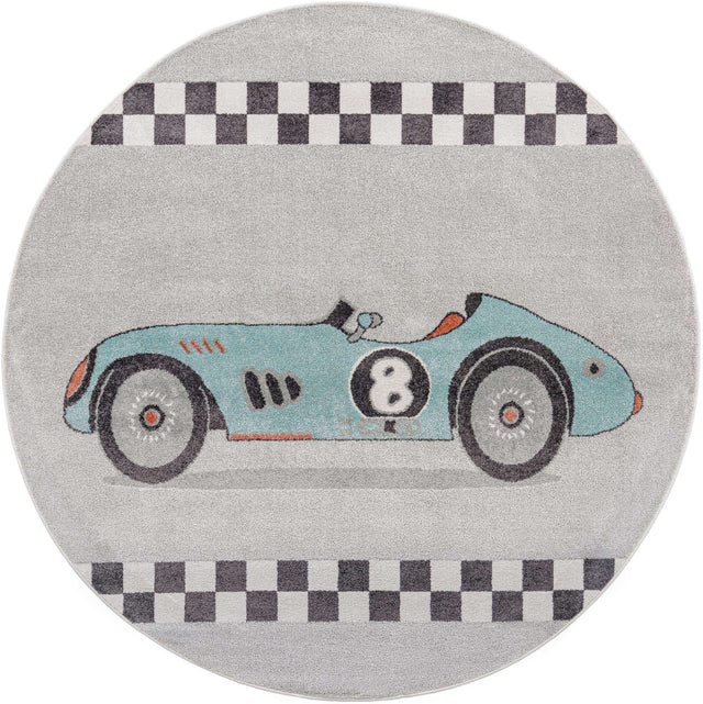 Gray 7' 10 x 7' 10 Whimsy Kids Round Area Rug for Baby Nursery, Toddler Playroom, Bedrooms Playful Fun Design Easy Clean Carpet for Sale at Rug Engine