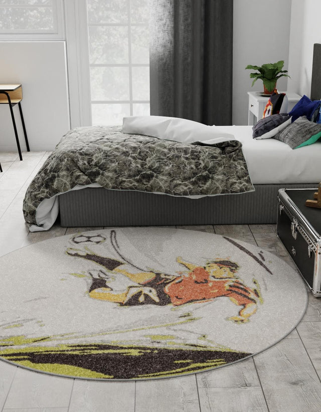 Gray 5' 3 x 5' 3 Whimsy Kids Round Area Rug for Baby Nursery, Toddler Playroom, Bedrooms Playful Fun Design Easy Clean Carpet for Sale at Rug Engine