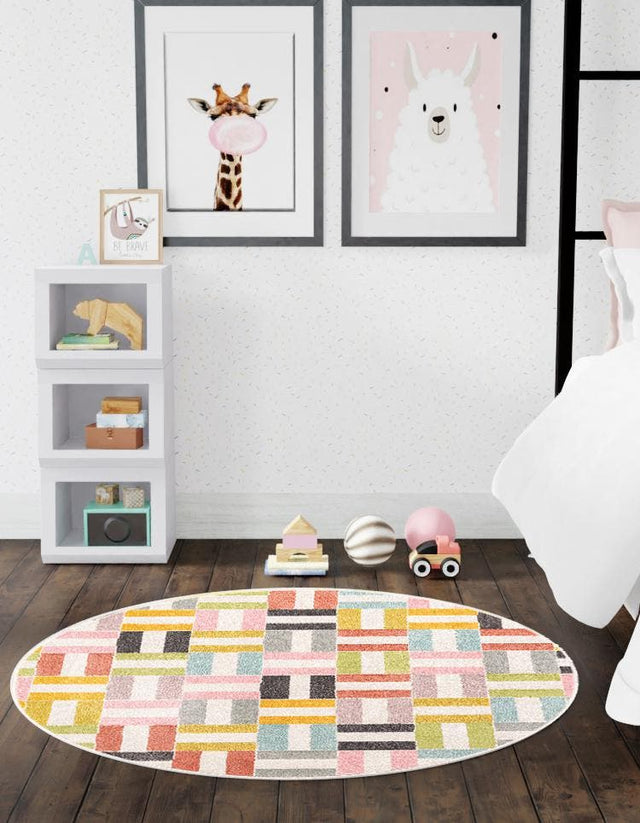 Multicolor 5' 3 x 5' 3 Whimsy Kids Round Area Rug for Baby Nursery, Toddler Playroom, Bedrooms Playful Fun Design Easy Clean Carpet for Sale at Rug Engine