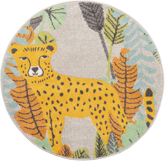 Gray 3' 3 x 3' 3 Whimsy Kids Round Area Rug for Baby Nursery, Toddler Playroom, Bedrooms Playful Fun Design Easy Clean Carpet for Sale at Rug Engine