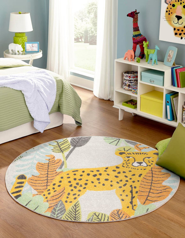 Gray 5' 3 x 5' 3 Whimsy Kids Round Area Rug for Baby Nursery, Toddler Playroom, Bedrooms Playful Fun Design Easy Clean Carpet for Sale at Rug Engine