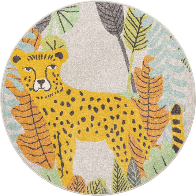 Gray 5' 3 x 5' 3 Whimsy Kids Round Area Rug for Baby Nursery, Toddler Playroom, Bedrooms Playful Fun Design Easy Clean Carpet for Sale at Rug Engine