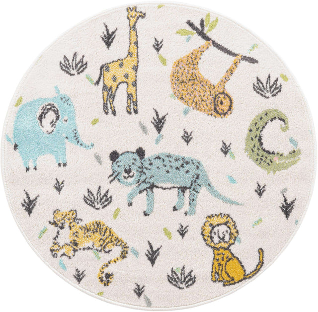 Ivory 3' 3 x 3' 3 Whimsy Kids Round Area Rug for Baby Nursery, Toddler Playroom, Bedrooms