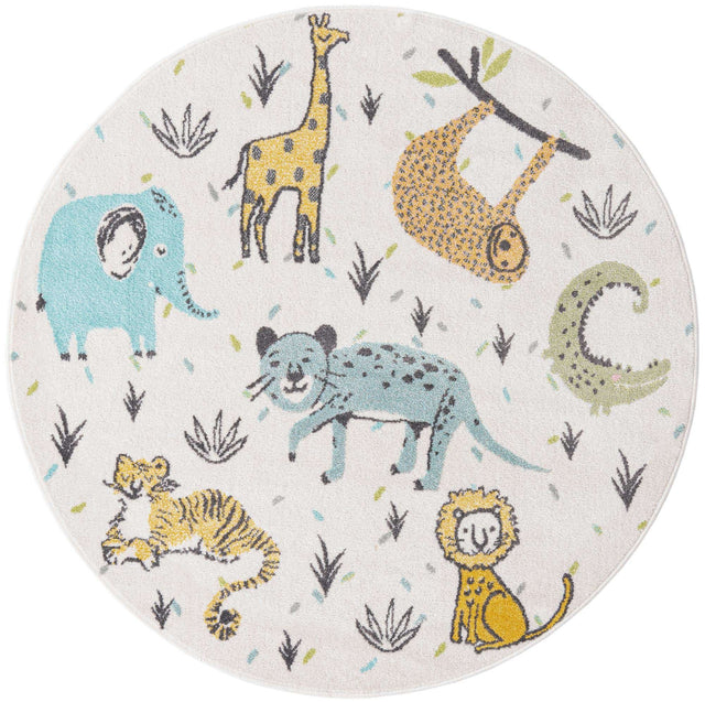 Ivory 5' 3 x 5' 3 Whimsy Kids Round Area Rug for Baby Nursery, Toddler Playroom, Bedrooms Playful Fun Design Easy Clean Carpet for Sale at Rug Engine