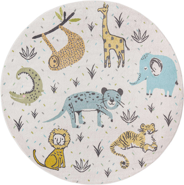 Ivory 7' 10 x 7' 10 Whimsy Kids Round Area Rug for Baby Nursery, Toddler Playroom, Bedrooms Playful Fun Design Easy Clean Carpet for Sale at Rug Engine