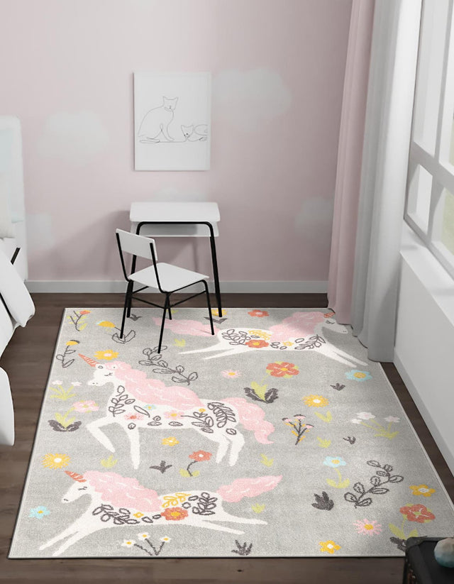 Gray 7' 10 x 10' Whimsy Kids Rectangle Area Rug for Baby Nursery, Toddler Playroom, Bedrooms Playful Fun Design Easy Clean Carpet for Sale at Rug Engine