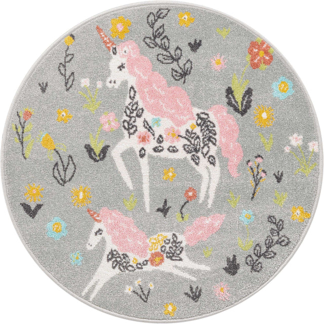Gray 3' 3 x 3' 3 Whimsy Kids Round Area Rug for Baby Nursery, Toddler Playroom, Bedrooms Playful Fun Design Easy Clean Carpet for Sale at Rug Engine