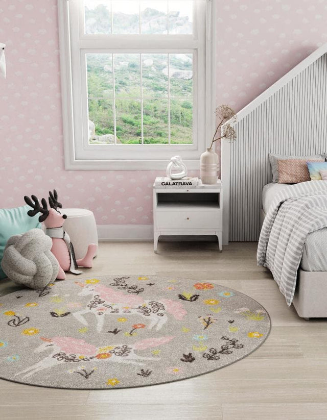 Gray 7' 10 x 7' 10 Whimsy Kids Round Area Rug for Baby Nursery, Toddler Playroom, Bedrooms Playful Fun Design Easy Clean Carpet for Sale at Rug Engine