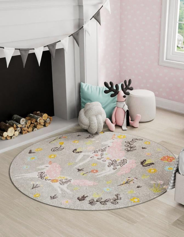Gray 7' 10 x 7' 10 Whimsy Kids Round Area Rug for Baby Nursery, Toddler Playroom, Bedrooms Playful Fun Design Easy Clean Carpet for Sale at Rug Engine