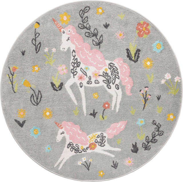 Gray 5' 3 x 5' 3 Whimsy Kids Round Area Rug for Baby Nursery, Toddler Playroom, Bedrooms Playful Fun Design Easy Clean Carpet for Sale at Rug Engine