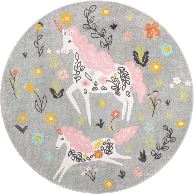 Gray 7' 10 x 7' 10 Whimsy Kids Round Area Rug for Baby Nursery, Toddler Playroom, Bedrooms Playful Fun Design Easy Clean Carpet for Sale at Rug Engine