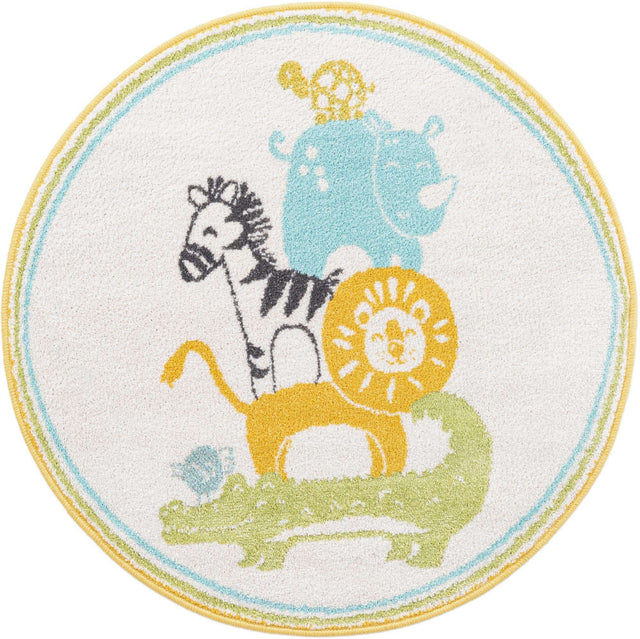 Ivory 3' 3 x 3' 3 Whimsy Kids Round Area Rug for Baby Nursery, Toddler Playroom, Bedrooms