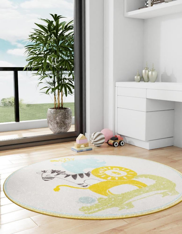 Ivory 3' 3 x 3' 3 Whimsy Kids Round Area Rug for Baby Nursery, Toddler Playroom, Bedrooms