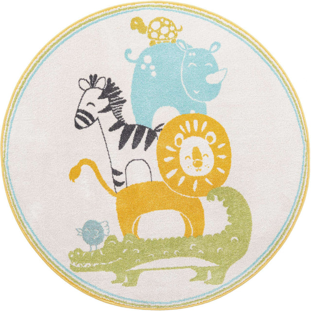 Ivory 5' 3 x 5' 3 Whimsy Kids Round Area Rug for Baby Nursery, Toddler Playroom, Bedrooms