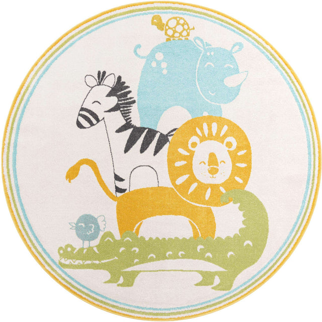 Ivory 7' 10 x 7' 10 Whimsy Kids Round Area Rug for Baby Nursery, Toddler Playroom, Bedrooms Playful Fun Design Easy Clean Carpet for Sale at Rug Engine
