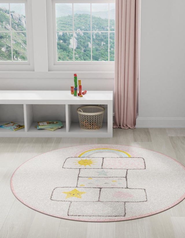 Ivory 5' 3 x 5' 3 Whimsy Kids Round Area Rug for Baby Nursery, Toddler Playroom, Bedrooms Playful Fun Design Easy Clean Carpet for Sale at Rug Engine