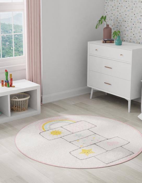 Ivory 5' 3 x 5' 3 Whimsy Kids Round Area Rug for Baby Nursery, Toddler Playroom, Bedrooms Playful Fun Design Easy Clean Carpet for Sale at Rug Engine