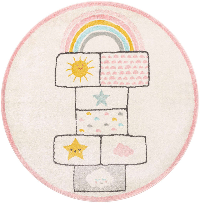 Ivory 5' 3 x 5' 3 Whimsy Kids Round Area Rug for Baby Nursery, Toddler Playroom, Bedrooms Playful Fun Design Easy Clean Carpet for Sale at Rug Engine