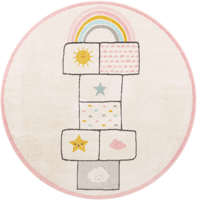 Ivory 7' 10 x 7' 10 Whimsy Kids Round Area Rug for Baby Nursery, Toddler Playroom, Bedrooms Playful Fun Design Easy Clean Carpet for Sale at Rug Engine