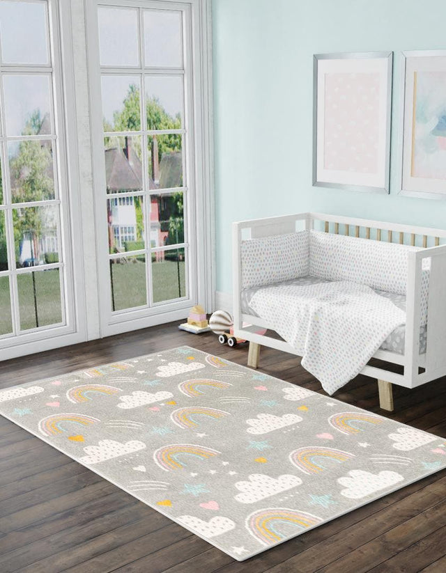 Gray 2' 2 x 2' 11 Whimsy Kids Rectangle Area Rug for Baby Nursery, Toddler Playroom, Bedrooms Playful Fun Design Easy Clean Carpet for Sale at Rug Engine