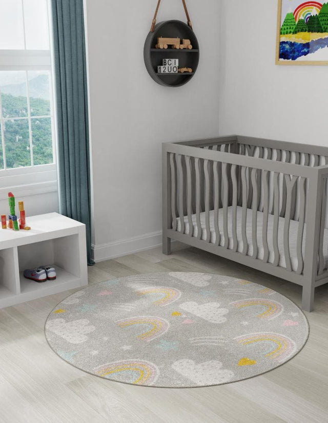 Gray 3' 3 x 3' 3 Whimsy Kids Round Area Rug for Baby Nursery, Toddler Playroom, Bedrooms