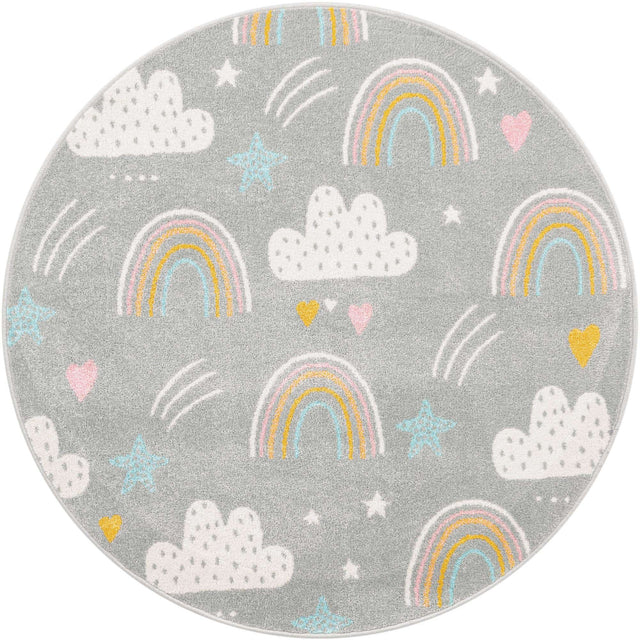 Gray 5' 3 x 5' 3 Whimsy Kids Round Area Rug for Baby Nursery, Toddler Playroom, Bedrooms